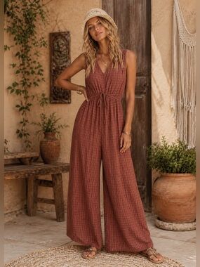 Boho Wide Leg Jumpsuit Women’s Size Large Rust Grid Sleeveless Tie Waist Flowy